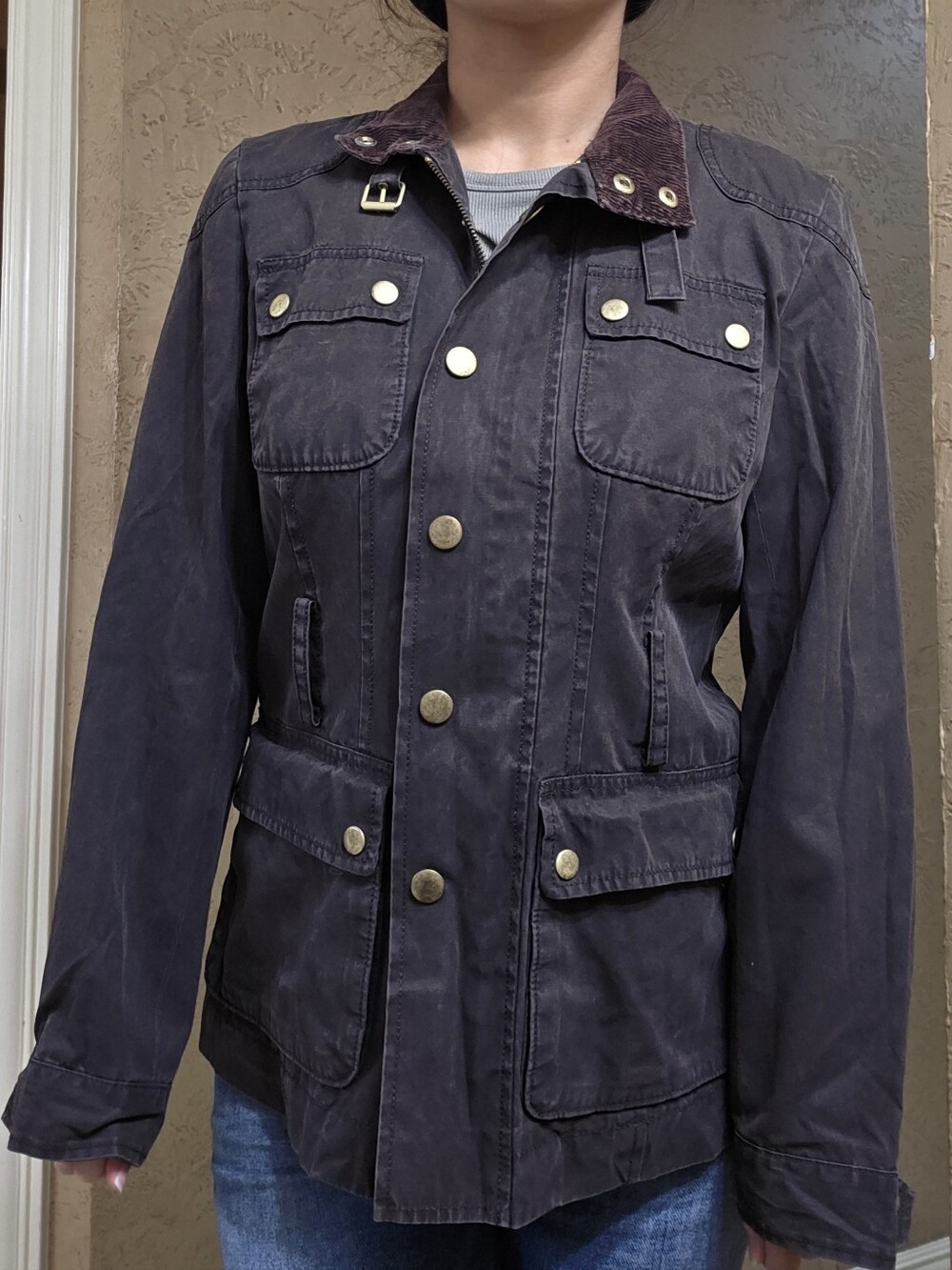 Womens Dark Brown Utility Jacket with Corduroy Collar